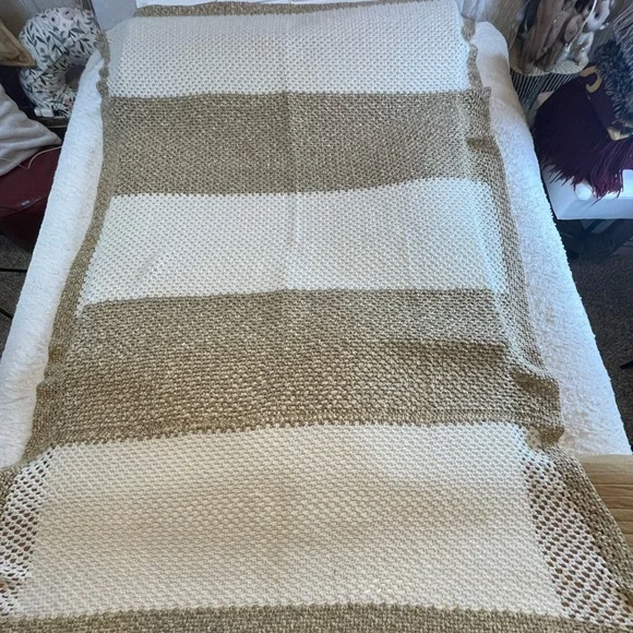 Handmade Double Crochet Cream & Tan Striped Knit Blanket (54” wide x 76” long)
